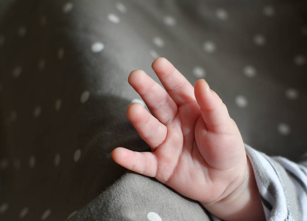 Baby hand on dark background. Little infant child kid palm. Closeup horizontal. Point of view shot. - Φωτογραφία, εικόνα