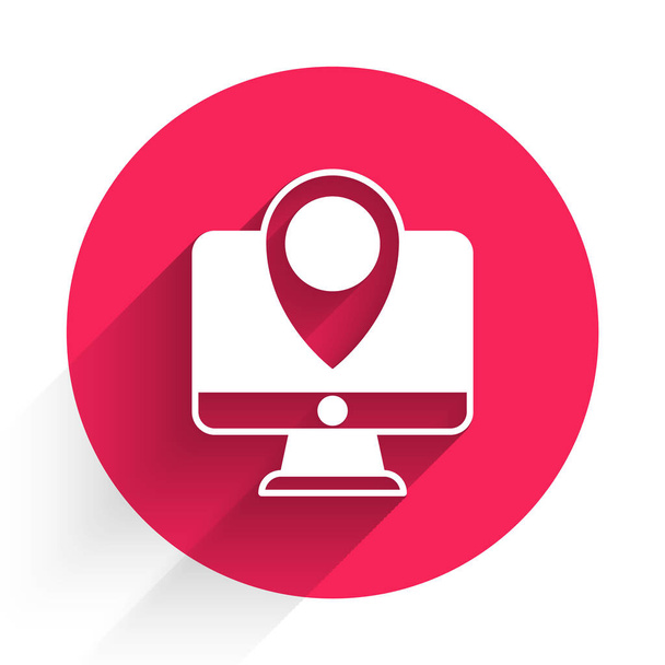 Monitor de computador branco e mapa dobrado com ícone de marcador de localização isolado com sombra longa. Botão de círculo vermelho. Vetor. - Vetor, Imagem