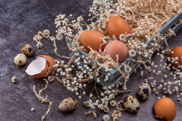 Composizione pasquale con uova di colore scuro in una scatola di legno. Ramo di salice. Il concetto minimo di Pasqua. Una scheda di Pasqua con un posto per il testo. - Foto, immagini