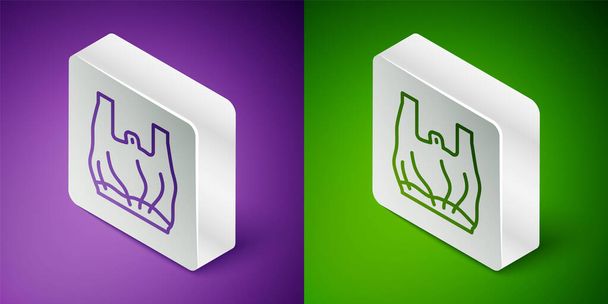 Isometric line Say no to plastic bags poster icon isolated on purple and green background. Disposable cellophane and polythene package prohibition sign. Silver square button. Vector. - Vector, Image
