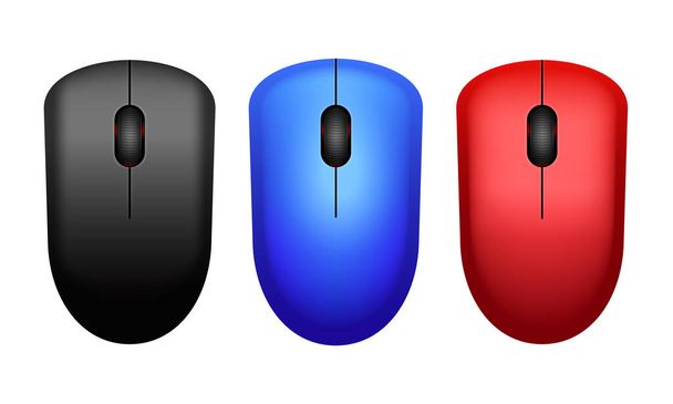 Σύνολο πολύχρωμο ποντίκι υπολογιστή. Μαύρο, κόκκινο και μπλε ποντίκι υπολογιστή. Ασύρματο ποντίκι υπολογιστή απομονωμένο σε λευκό φόντο. Ρεαλιστική διανυσματική απεικόνιση. - Διάνυσμα, εικόνα