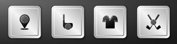 Set Ubicación club deportivo de golf, Golf con pelota, camisa e icono cruzado. Botón cuadrado plateado. Vector - Vector, imagen