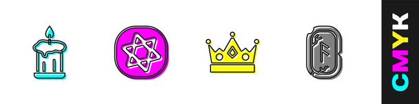 Set Burning candle, Tarot cards, King crown and Magic runes icon. Vector - Vector, Image