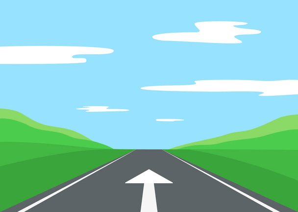 まっすぐなアスファルトの道路上の正しい方向の動きで運転のための矢印。達成目標は、自然景観の右側の方法です。ベクトル - ベクター画像