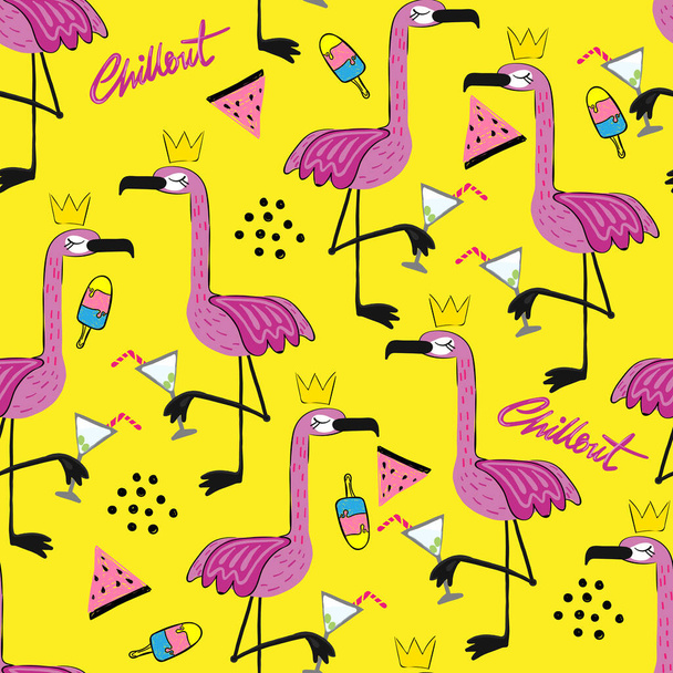 黄色の背景に王冠とカクテルとチリピンクフラミンゴ鳥とシームレスなパターン - ベクター画像