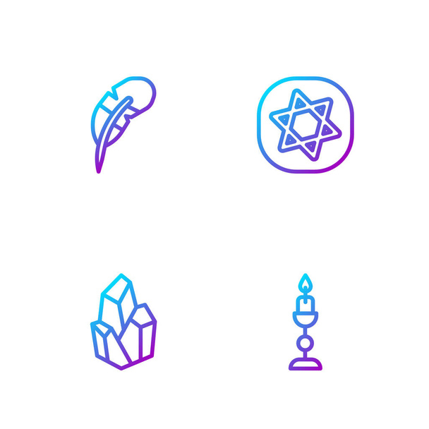 Szett vonal Égő gyertya, mágikus kő, toll toll és tarot kártyák. Gradient színes ikonok. Vektor - Vektor, kép