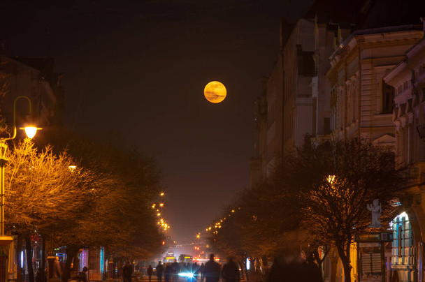 Вулиці нічного міста в Україні на тлі місяця, що сходить. - Фото, зображення