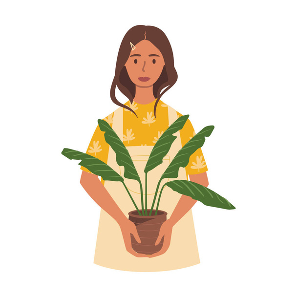 Flache Vektor-Cartoon-Illustration einer Frau, die einen Topf mit einer Pflanze hält. Das Konzept eines Hobbys besteht darin, Zimmerpflanzen anzubauen. Isoliertes Design auf weißem Hintergrund. - Vektor, Bild