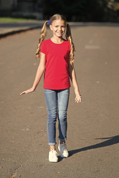 Im just a summer kind of girl. Happy girl sunny outdoors. Fashion look of little girl. Small girl with long hair in casual style. Summer fashion trends. Trendy style. Kids wardrobe. You shine through - Fotoğraf, Görsel