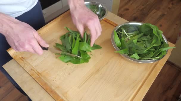 Cocinar con ajo silvestre fresco. Las hojas sobre tabla de cortar de madera con cuchillo afilado sobre tabla de cortar de madera natural - Metraje, vídeo