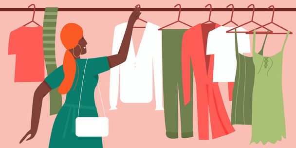 Kadın butikte ya da mağazada moda kıyafetleri seçmeye çalışıyor, tüketici alışverişinde. - Vektör, Görsel