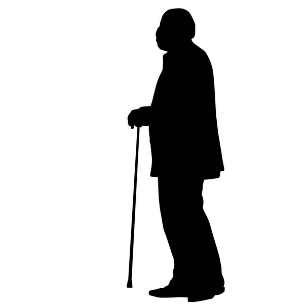 Oude man silhouet met stok op witte achtergrond, vector illustratie - Vector, afbeelding