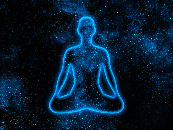 Homem cósmico radiante no lótus posar sobre um fundo de universo estrelado azul - Foto, Imagem