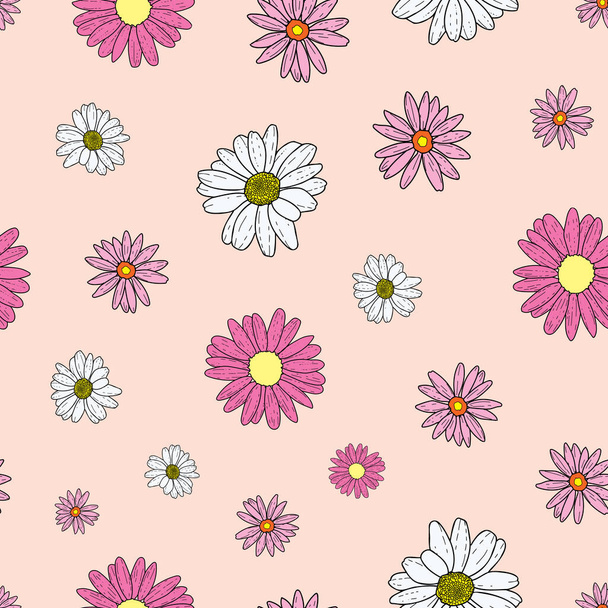 Διάνυσμα παστέλ ροζ μπεζ φόντο ροζ μαργαρίτα λουλούδια και άγρια λουλούδια. Απρόσκοπτη μοτίβο φόντο - Διάνυσμα, εικόνα