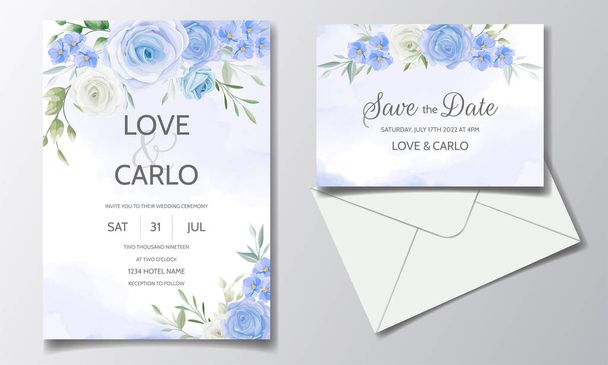Γάμος πρόσκληση κάρτα πρότυπο σύνολο με όμορφα πολύχρωμα λουλούδια και φύλλα - Διάνυσμα, εικόνα