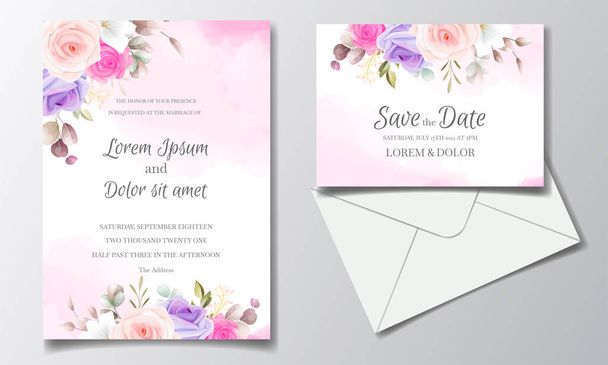 Šablona svatební pozvánky set s krásnou barevnou květinovou a listy - Vektor, obrázek