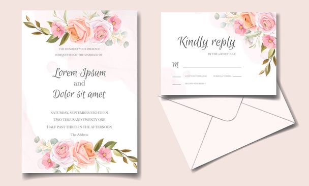 Wedding invitation card set template with beautiful colorful floral and leaves - Vector, Image