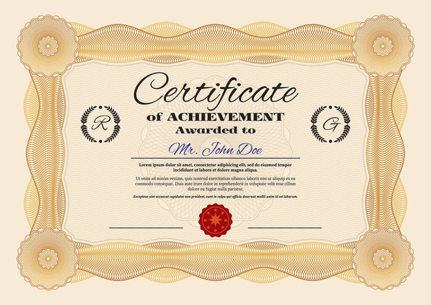 Certificado de logros o plantilla de vector de diploma, premio por logros profesionales o empresariales, graduación o calificación certificar documento con torno geométrico de seguridad y sello de cera - Vector, Imagen