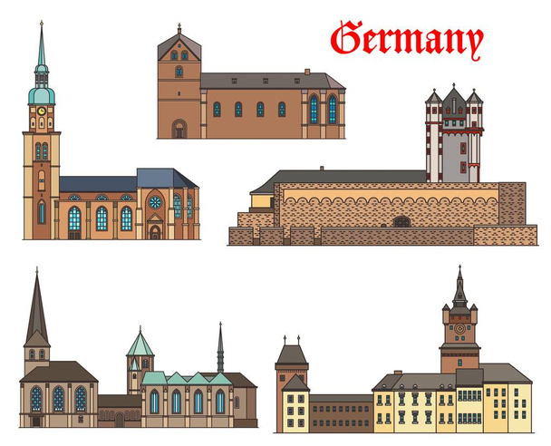 ドイツのランドマーク的な建物のアーキテクチャ、城や大聖堂の家、ドイツの都市、ベクトル。ドルトムントにある聖ラインラント教会とペテロ教会、クラブにあるシュヴァンゲンブルク城、エルトビルとムンスター大聖堂 - ベクター画像
