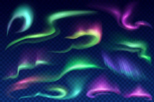 Feux vectoriels boréaux, polaires et aurores boréales sur fond transparent. aurores 3d réalistes avec des tourbillons lumineux de lumières nordiques ou polaires vertes, violettes et bleues, luminescence arctique - Vecteur, image