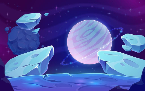 Planets and asteroids in outer space, galaxy fantasy world background. Ice or water planet with ring, satellite or comet landscape with craters on rocky surface, glowing in cosmos stars cartoon vector - Vector, Image