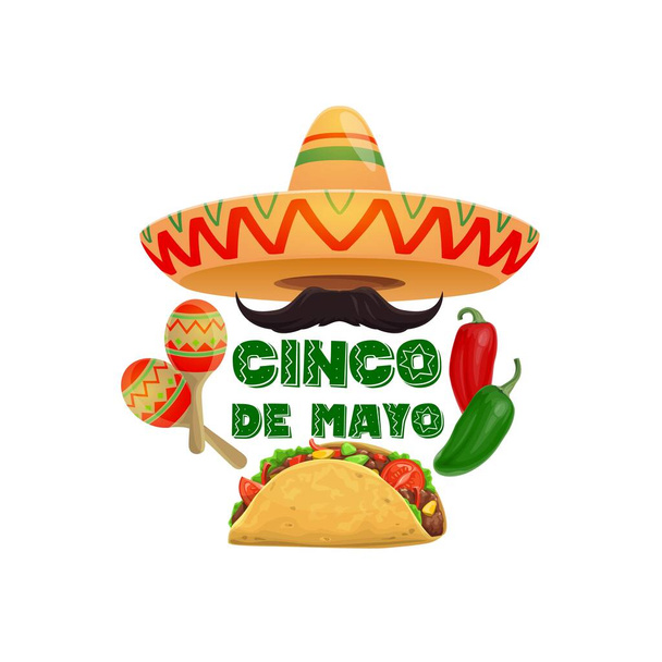 Cinco de Mayo sombrero a jídlo, mexické svátky tradiční vektorové tacos, klobouk, maracas, červené a zelené pálivé chilli papričky a kníry. Národní svátek Mexika izolované kreslené prvky - Vektor, obrázek