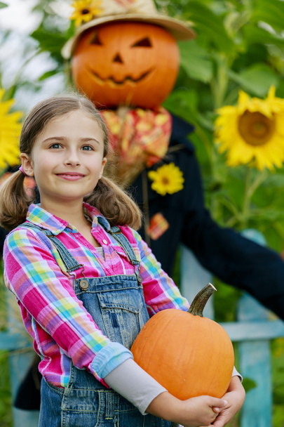 korkuluk ve Bahçe - sonbaharda hasat mutlu kız - Fotoğraf, Görsel