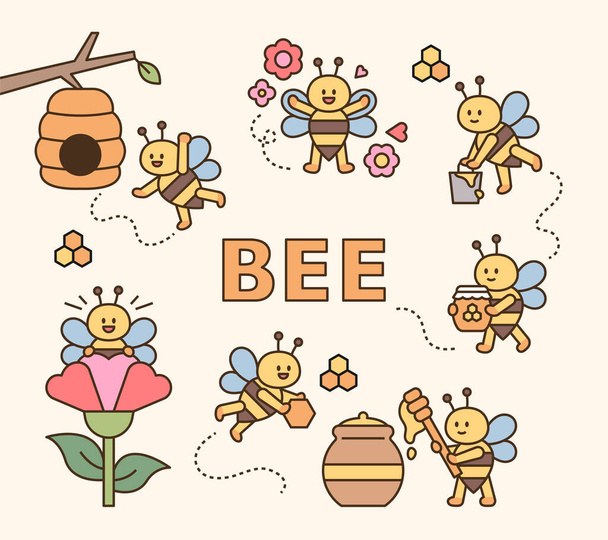 Χαριτωμένες μέλισσες συλλέγουν μέλι. επίπεδη σχεδίαση στυλ minimal διανυσματική απεικόνιση. - Διάνυσμα, εικόνα