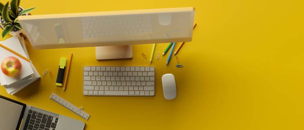 Vista superior, representación 3D, espacio de trabajo creativo con computadora, papelería, computadora portátil y espacio de copia sobre fondo amarillo, ilustración 3D - Foto, Imagen