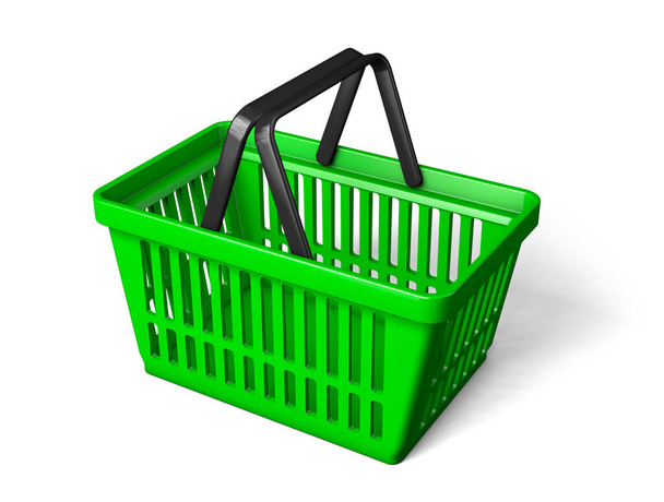 Zelený nákupní košík se otáčí. izolované na bílém pozadí. 3D vykreslení - Fotografie, Obrázek