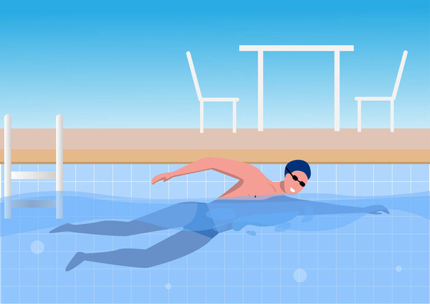 Um jovem de fato desportivo a nadar numa piscina. Estilo plano desenho animado ilustração vetor - Vetor, Imagem