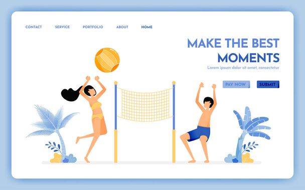 travel website with the theme of make the best moment at holiday. couple enjoying holidays by playing beach volleyball. Vector design can be used for poster, banner, ads, website, web, mobile, flyer - Vector, Image