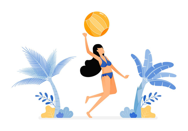 Urlaubsbilder von Frauen in sexy Badeanzügen springen auf einen Volleyball in Strandnähe. Stressabbau beim Strandsport. Designkonzept kann für Poster, Banner, Anzeigen, Websites, Web, Mobile, Marketing sein - Vektor, Bild