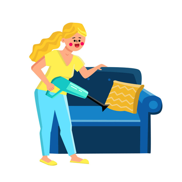 Портативный пылесос девушки использовать для очистки диван-вектор - Вектор,изображение
