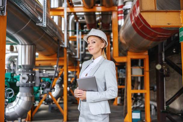 A professional female director in formal attire, with a protective helmet on her head holding a tablet and standing in a heating plant. She stands at the entrance of the heating plant. CEO female - Photo, Image