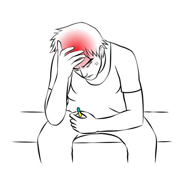 yong man was head ache and pain very much and want to heal by drug cartoon vector - Vector, Image