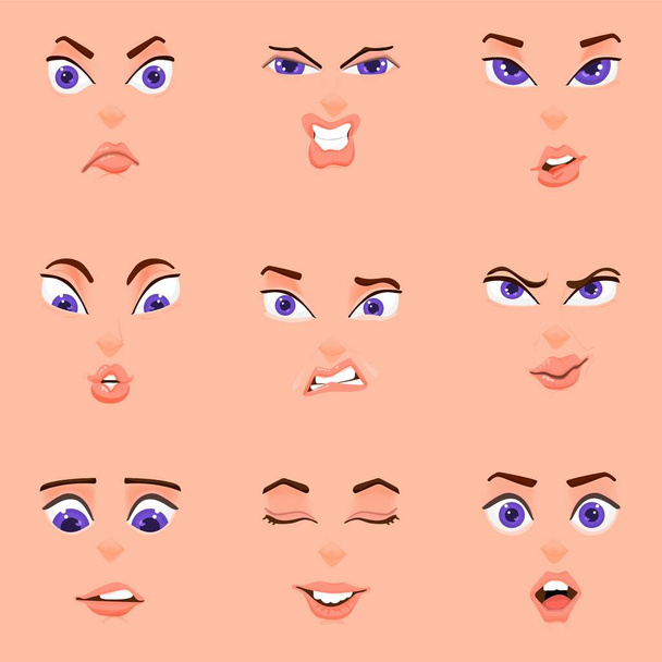 Emotionaler Cartoon, flacher Stil, weibliches Gesicht Augenbrauen und Mund - Vektor, Bild