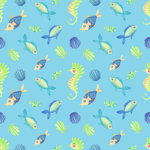 Caballo de mar nadando con peces de colores - Foto, Imagen
