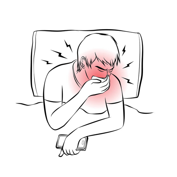 muž byl bolest s kýchnutím spal na posteli karikatura vektor - Vektor, obrázek