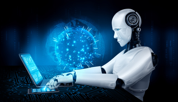 Robot humanoïde gebruik laptop en zitten aan tafel voor wereldwijde netwerkverbinding - Foto, afbeelding