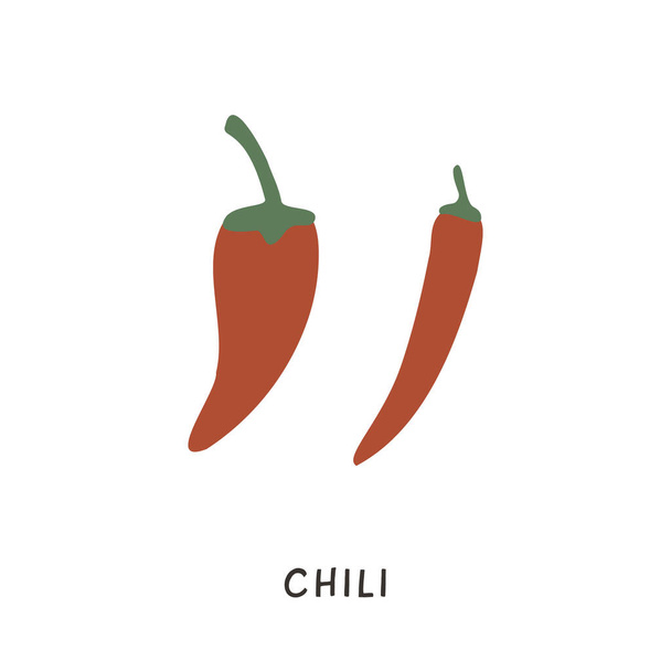 Eenvoudige rode chilipepers icoon in verschillende vormen. Rode Jalapeno, Cayenne en Fresno pittige peper. Warm eten op het menu. Ingrediënt voor Aziatische of Mexicaanse keuken. Doodle gekleurde pictogrammen geïsoleerd op wit. - Vector, afbeelding