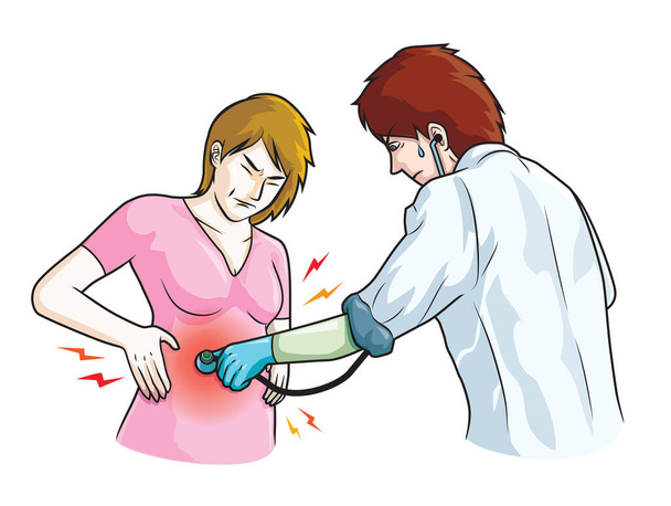 The doctor examines the stomach of a patient who is experiencing a lot of abdominal pain. - Vector, Image