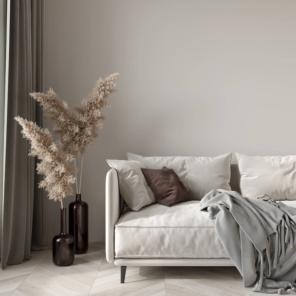 Гостиная макет интерьера в стиле бохо с большим мягким диваном и сухой пшеницы, которые выделяются удивительно против бежевой стены / 3D иллюстрации, 3D рендеринг  - Фото, изображение