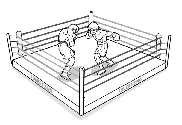 Боец пробивает левый хук противника на полотне кольцевым вектором мультфильма - Вектор,изображение