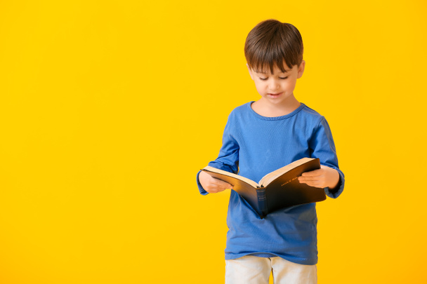 Little boy with Bible on color background - Photo, image