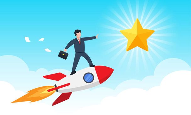 Businessman reaches hand to golden star while stands on flying rocket. Creative concept idea of achieving business goal or target. Simple trendy cute cartoon vector illustration. Flat style graphic. - Vector, Image