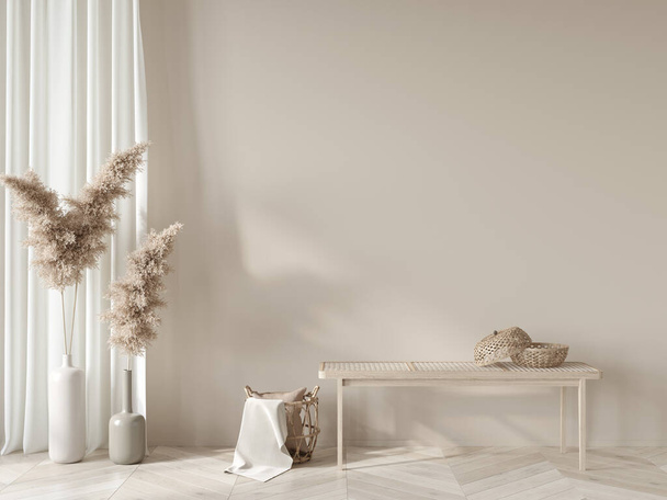 Interior de maqueta beige en estilo boho con banco de mimbre, trigo seco y decoración de mimbre / 3D ilustración, 3d render  - Foto, imagen