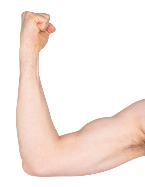 Male arm shows biceps, isolated on white - Photo, Image