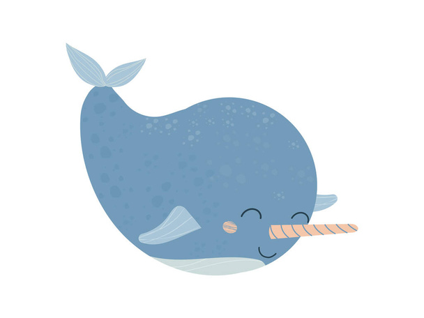 Cute adorable narwhal, baby animal with horn smiling in cartoon style isolated on white background. Cheerful aquatic character stock vector illustration. - Vector, Image
