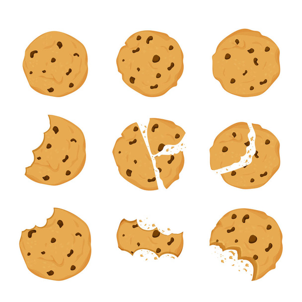 チョコレートクリップとクッキーのセットは、白の背景に隔離された漫画のフラットスタイルでかまれ、壊れて、クッキーパン粉。スナック焼き、伝統的なパン屋や砂漠. - ベクター画像